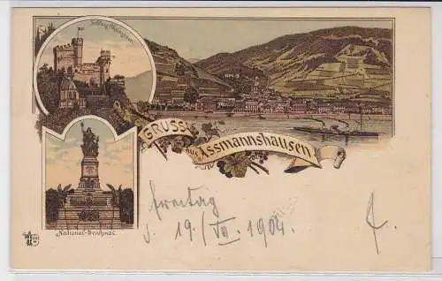 05149 Lithographie Ak Gruss aus Assmannshausen - Schloss Rheinstein, Denkmal