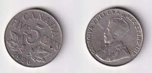 5 Cents Kupfer Nickel Münze Kanada Canada Georg V. 1936 ss (167192)