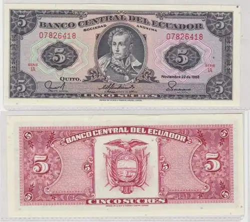 5 Sucres Banknote Ecuador 22.11.1988 bankfrisch UNC (138220)