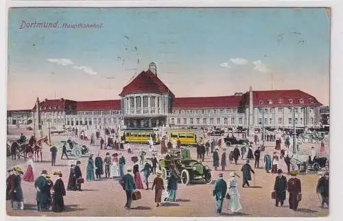 44159 Ak Dortmund Hauptbahnhof mit Verkehr und Menschen davor 1914