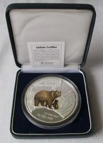 25 Dollar Silbermünze Cook Inseln 1996 Crizzly Bear PP 5 Unzen Farbmünze (142357