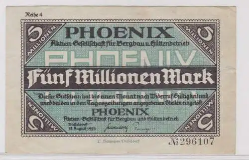 Banknote 5 Millionen Mark Düsseldorf Bergbau Hüttenbetrieb Phönix 1923 (137660)
