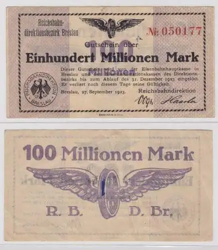 100 Millionen Mark Banknote Reichsbahndirektion Breslau 27.09.1923 (137643)