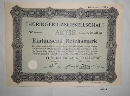 1000 Reichsmark Aktie Thüringer Gasgesellschaft Leipzig 23. Dez. 1924  (127725)