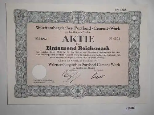 1000 Reichsmark Aktie Württembergisches Portland-Cement-Werk Dez. 1941 (128042)