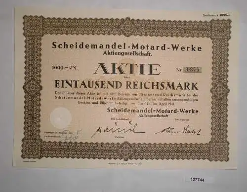 1000 Mark Aktie Scheidemandel Motard Werke AG in Berlin April 1941 (127744)