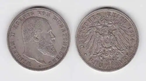 5 Mark Silbermünze Württemberg König Wilhelm II 1904 Jäger 176 ss (150090)
