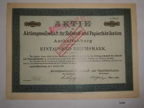 1000 RM Aktie AG für Zellstoff- & Papierfabrikation Aschaffenburg 1921 (127057)