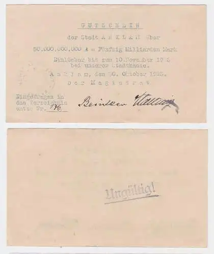 50 Milliarden Mark Banknote Stadt Anklam 30.10.1923 (122248)