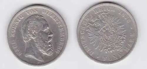 5 Mark Silbermünze Württemberg König Karl 1876 Jäger 173  (131514)