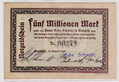 5 Millionen Mark Banknote Firma Gebr.Schmidt Groitzsch 15.8.1923 (120289)