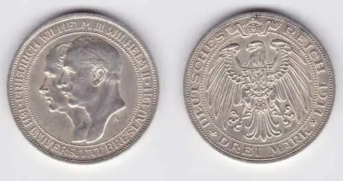 3 Mark Silbermünze Preussen Universität Breslau 1911 Jäger 108 vz (151465)