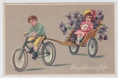 29221 Präge AK Ein frohes neues Jahr Fahrradfahrer mit Anhänger und Kind 1912