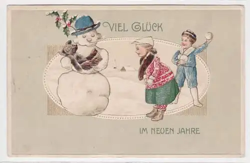 59423 Präge AK Viel Glück im neuen Jahre Kinder und Schneemann mit Teddy 