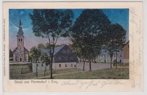 69766 Lunakarte AK Gruss aus Hermsdorf im Erzgebirge - Ortsansicht mit Kirche 