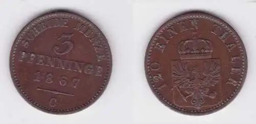 3 Pfennige Kupfer Münze Preussen 1867 C vz (135428)