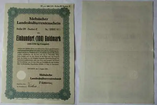100 Goldmark Rentenschein Landeskulturrentenbank Sachsen Dresden 1928 (157129)