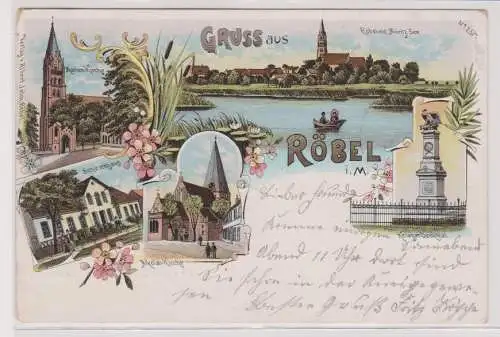 900946 Ak Lithographie Gruß aus Röbel in M. Schützenhaus, Kriegerdenkmal usw. 