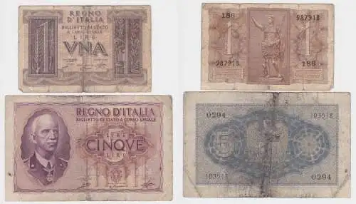  1 und 5 Lire Banknoten Italien 1940 Pick 26 und 28 (156487)
