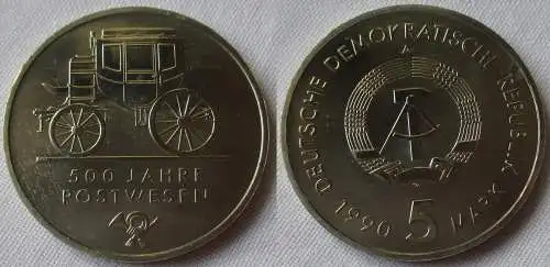 DDR Gedenk Münze 5 Mark 500 Jahre Postwesen 1990 Stempelglanz (157013)