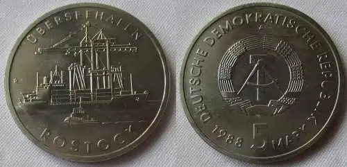 DDR Gedenk Münze 5 Mark Überseehafen Rostock 1988 Stempelglanz (156712)
