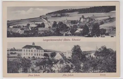 900831 Mehrbild Ak Langenhennersdorf - Panorama, alte und neue Schule, Kirche 