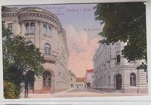 62685 Ak Rumburg in Böhmen K.K. Fachschule für Weberei & K.K. Postamt 1915