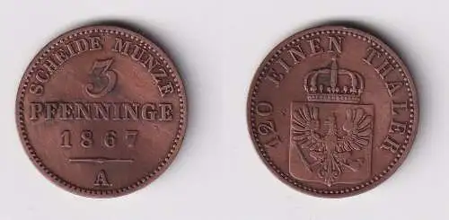 3 Pfennig Kupfer Münze Preussen 1867 A ss (169463)