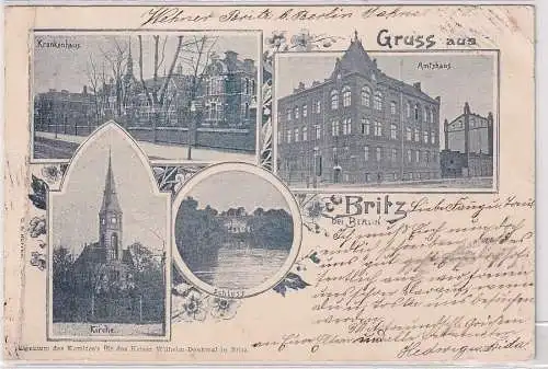 71937 Ak Gruss aus Britz b. Berlin - Krankenhaus, Kirche, Amtshaus, Schloss 1900