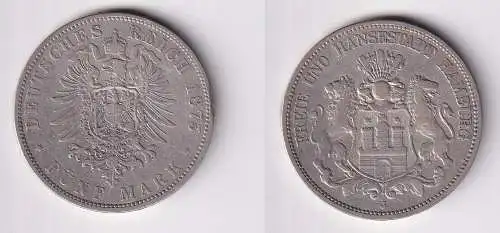 5 Mark Silbermünze Freie und Hansesatdt Hamburg 1875 Jäger 62  (115248)