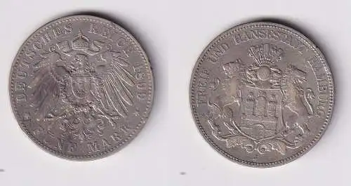 5 Mark Silbermünze Freie und Hansesatdt Hamburg 1899 Jäger 65 ss (132603)