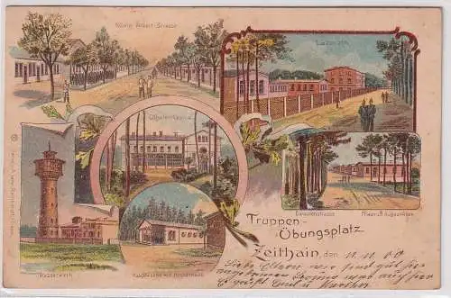 15950 Ak Lithografie Truppen-Übungsplatz Zeithain Barackenstrasse usw. 1906