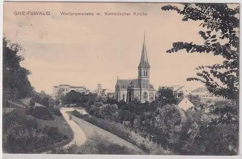 40921 Ak Greifswald Wallpromenade mit Katholischer Kirche 1907