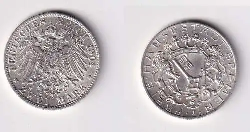 2 Mark Silber Münze Freie Stadt Bremen 1904 f.vz (142768)