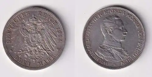 3 Mark Silbermünze Preussen Kaiser Wilhelm II in Uniform 1914 Jäger 112 (122764)