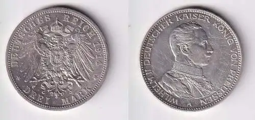 3 Mark Silbermünze Preussen Kaiser Wilhelm II in Uniform 1914 Jäger 112 (144671)