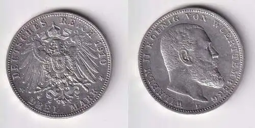 3 Mark Silbermünze Württemberg König Wilhelm II 1910 Jäger 175 (145560)