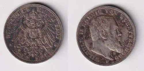 3 Mark Silbermünze Württemberg König Wilhelm II 1909 Jäger 175 (129114)