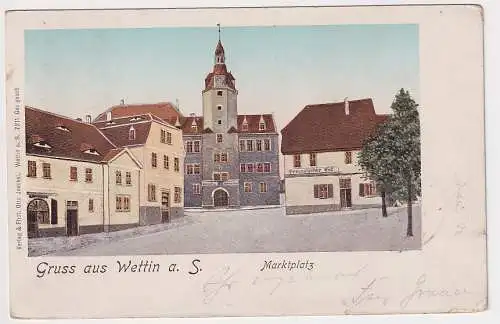 79600 Ak Gruss aus Wettin a.S. Marktplatz mit Preussischer Hof 1904
