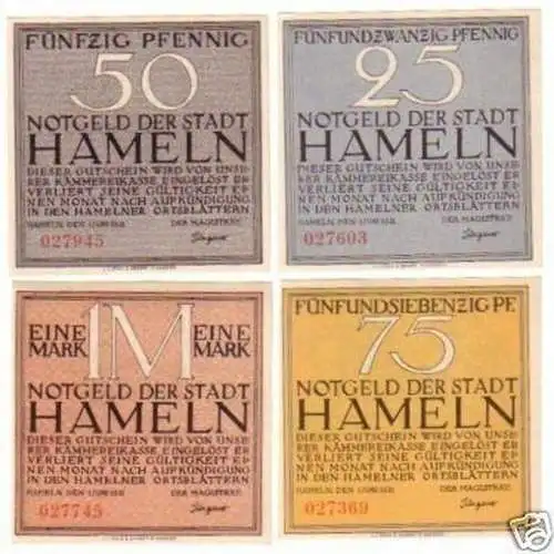 4 Banknoten Notgeld Stadt Hameln 1921