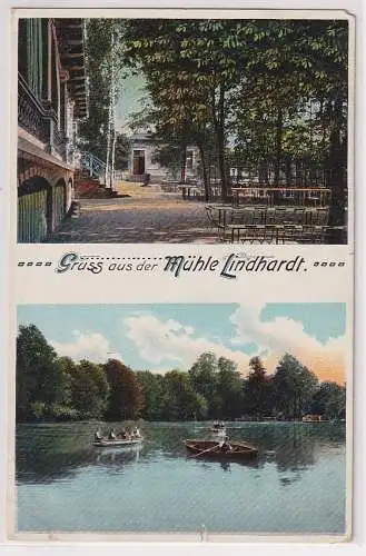 55993 AK Gruss aus der Mühle Lindhardt (Naunhof) mit Seepartie 1914