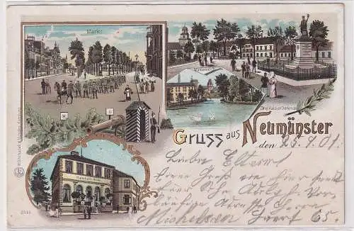 93710 Ak Lithographie Gruss aus Neumünster Bahnhofshotel usw. 1901