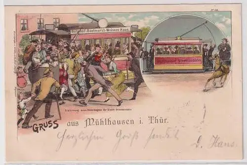 48506 Ak Lithographie Gruß aus Mühlhausen in Thüringen Straßenbahn 1900