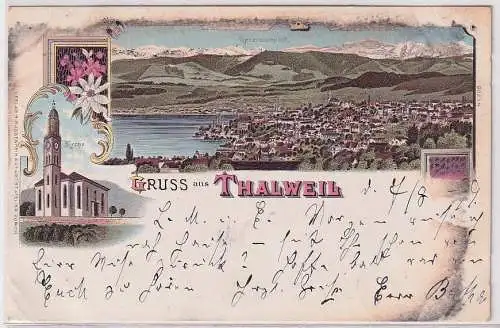 71371 Ak Lithographie Gruß aus Thalweil Totalansicht und Kirche 1899