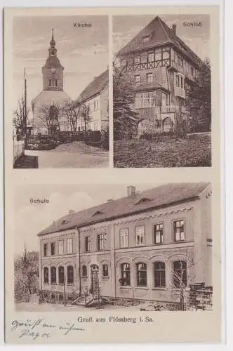 90134 Mehrbild Ak Gruß aus Flössberg Kirche, Schule, Schloß 1942