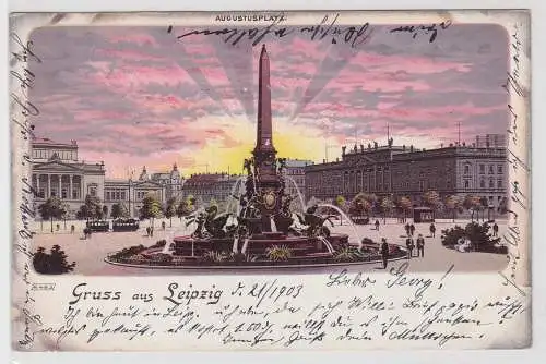 52432 Ak Gruss aus Leipzig - Augustusplatz mit Brunnen, Hauptpostamt & Oper 1903