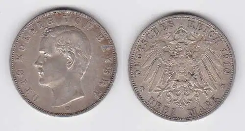 3 Mark Silber Münze Bayern König Otto 1910 D ss (144345)