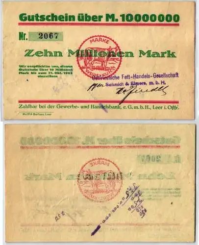 10Millionen Mark Banknote Inflation Handelsbank Leer in Ost. 31.10.1923 (120468)