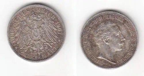 2 Mark Silber Münze Württemberg König Wilhelm II 1907 F Jäger 102 (113685)