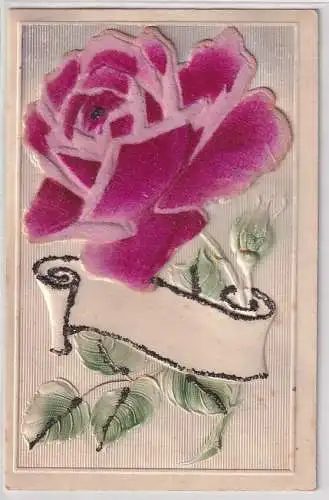 35650 geprägte Postkarte Rose aus Samtstoff mit Spruchband 1913
